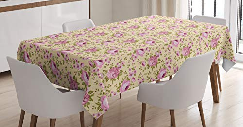 ABAKUHAUS Pivoine Nappe, Hortensias sur Les Branches, Linge de Table Rectangulaire pour Salle à Manger Décor de Cuisine, 140 cm x 200 cm, Vert Olive Rose pâle