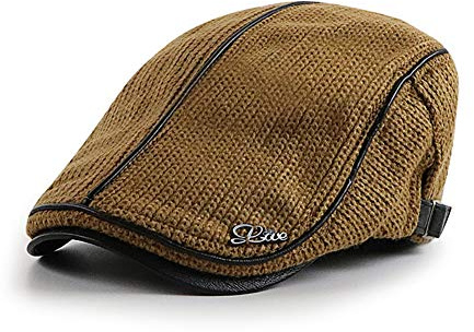 Elwow Herren Herbst Winter Frühling PU Leder Vorderseite Baumwolle Kint Driving Flat Cap Duckbill Ivy Irish Cap Newsboy Cabbie Scally Baskenmütze Hut mit Webverzierung, Dunkelgelb, Einheitsgröße