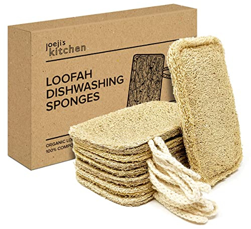 Joeji's Kitchen Pack of 8 Natural Eco Dishwasher Sponges - Sustainable Plastic Free & Biodegradable Loofah Sponge with Hanging String to Dry