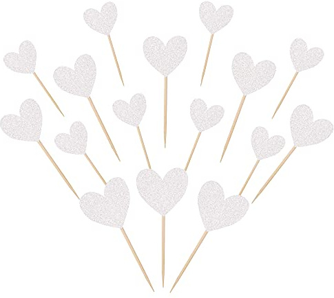 30 PCS Love Heart Cupcake Toppers Glitter Mixed Size Wedding Engagement Cupcake Picks Decorations for Wedding Anniversary Bridal Shower Birthday Valentine's Day Party Supplies Silver