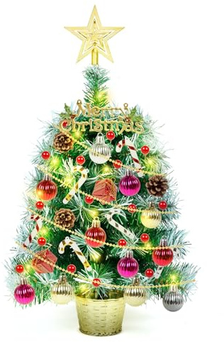 Mini Künstlich Weihnachtsbaum Kleiner künstlicher Tisch Weihnachtsbaum Batterie Beleuchtung, 50cm Desktop Weihnachtsbaum mit Zuckerstange, Baumspitze und Kugeln, Ornamenten