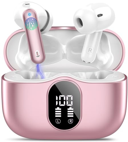 Wireless Earbuds Bluetooth 5.3 Headphones Bass Stereo Ear Buds with Noise Cancelling Mic LED Display in Ear Earphones IP7 Waterproof 36H Playtime for Laptop Pad Phones Sports Workout Pink Gold