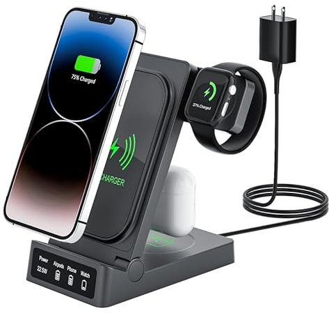 TechFlow Wireless Charger Foldable 3 in 1, Fast Wireless Charging station for iPhone15/14/13/12/11/Pro Max/X/XS/XR/8 Plus, Apple Watch 9/8/7/SE/6/5/4, Air Pods 3/Pro/2 (Grey) 15W + 5W + 3W