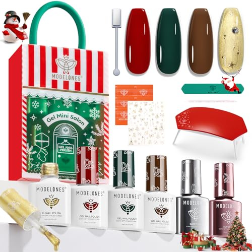Modelones Kit Ongle Gel UV Complet,12PCS Kit Vernis Semi Permanent Xmas Rouge Marron Vert Or Cat Eye,4 Couleurs Vernis Gel et Base & Top Coat,8W Lampe, Manucure Outils Accessoires Nail Art Kit Cadeau