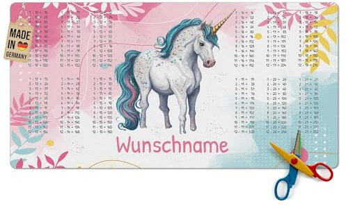 Pr Print Royal Schreibtischunterlage selbst gestalten mit Name - mit großem Einmaleins - Einhorn - Waschbar, Personalisierte Geschenke zur Einschulung | 80x40 cm, Rutschfest