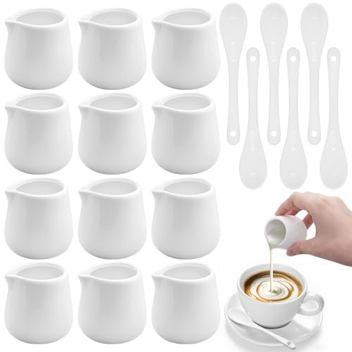 Mispudin 12 Pcs Small Milk Jug 50ml, Mini White Ceramic Milk Jugs with 6 Spoons, Handle-Free Small Gravy Jugs for Serving Cafes, Tea, Creamer, Custard, Sauce - Dishwasher & Microwave Safe