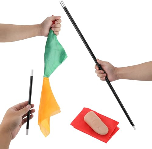 Kit de Tours de Magie 4 Pièces, Foulards en Soie Changeant de Couleur Pointe de Pouce Qui Disparaît Mouchoir Magique Baguette Magique en Plastique Bâton de Poche Magique pour Débutant en Magie