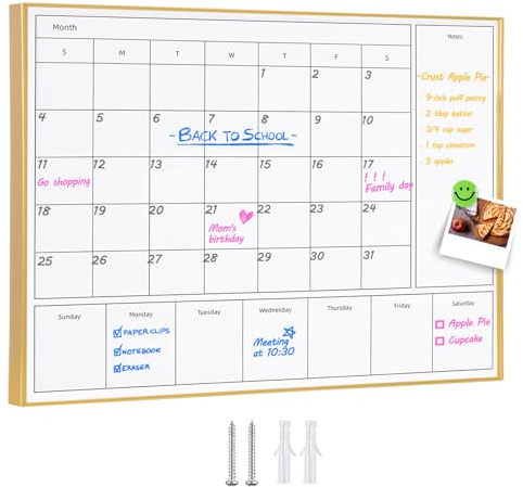 Aitakatta Calendrier mural 3 en 1 effaçable à sec avec cadre en aluminium doré, tableau blanc magnétique mensuel et hebdomadaire, tableau blanc effaçable à sec pour mur, tableau blanc à suspendre pour