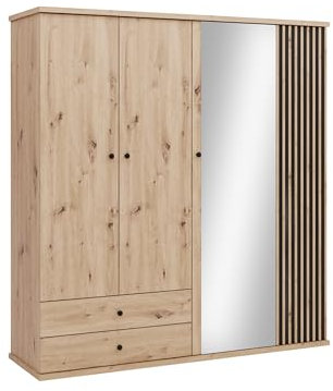 Mirjan24 Kleiderschrank mit Spiegel Weren WE24, Drehtürenschrank mit Schubladen, Kleiderstangen und Einlegeböden, gedämpftem Schließsystem, Garderobenschrank (Artisan/Schwarz + Artisan Lamellen)