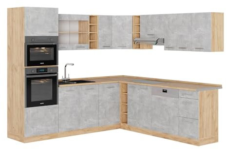 Vicco Hörnkök R-Line, betong/Goldkraft ek, 247 x 237 cm utan bänkskiva, för individuell konfiguration och utbyggnad med ytterligare moduler