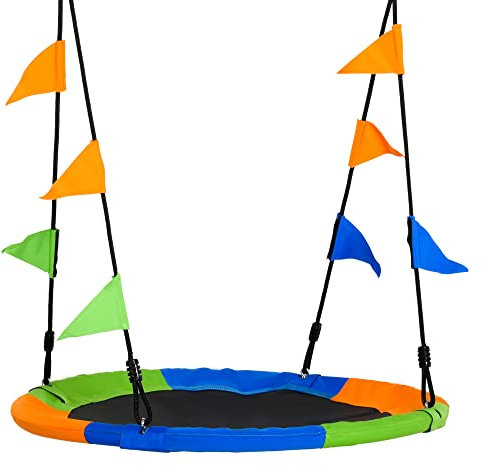 Outsunny Altalena Rotonda a Nido per Bambini 3+ Anni Φ100 cm, Altalena da Giardino per Bambini Regolabile 120-180 cm per Esterni e Interni, Carico Massimo 80 kg, Multicolore