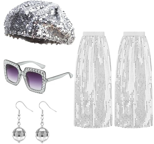 yolzhxe Disco Glitzer Outfit Herren Damen, Glitzer Kostüm Accessoires | mit Jazz Hut, Hosenträger, Krawatten, Handschuhe, Fliege und Brille, für 70er 80er Jahre Outfit Silvester, Karneval Party