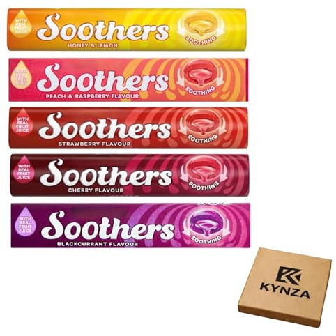 Soothers Variety Pack 5 x 45g | Honey Lemon, Blackcurrant, Cherry, Strawberry, Peach & Raspberry | Soothing Cough Sweets | Individually Wrapped Throat Lozenges | KYNZA Kraft Box
