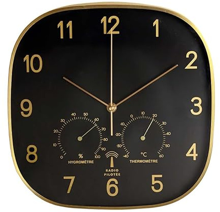 VIBELL Orologio da parete radiocontrollato 29 x 29 cm – Termometro e igrometro incorporati – Design nero & dorato moderno – movimento silenzioso – orologio interno soggiorno ufficio