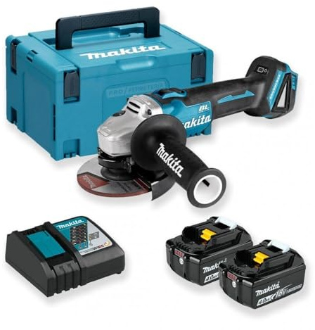 Makita Akku-Winkelschleifer 18 V / 4,0 Ah im MAKPAC inklusive 2 Akkus und Ladegerät, Blau, Silber, 9,5x160 mm, DGA504RMJ