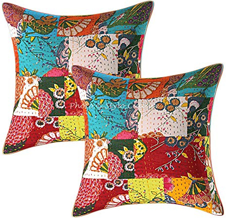 Stylo Culture Ethnicas Fundas Cojines Decorativa 40x40 cm Algodón Tropicana Funda Almohadon Sofa Multicolor 16x16 Inch Patchwork Kantha Cuadrado sobre Funda Cojin Cama - 2 Pcs