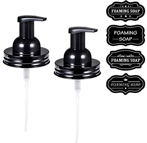 Amolliar Mason Jar Foaming Soap Dispenser Pump - Rustproof Stainless Steel Lid and BPA Free Foam Soap Pump,with Waterproof Labels Stickes - Farmhouse Decor Bathroom Accessories - Black,2-Pack | Rustproof Stainless Steel Lid Plastic Foam Soap Pump, Refillable Hand Soap, Farmhouse Decor for Kitchen, Bathroom Accessories