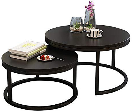 2er-Set Modern Wohnzimmertisch Satztisch Rund Sofa-Beistelltisch Couchtisch Wohnzimmer, MDF-Holz und schwarzes Metallgestell, Groß Schwarz 70 cm, Klein Schwarz 50 cm