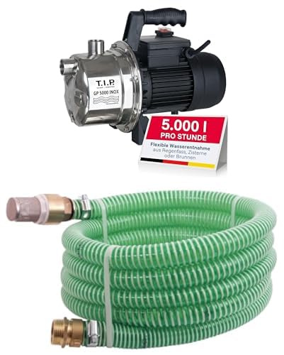 T.I.P. Gartenpumpe Edelstahl (5.000l/h Fördermenge, 45m Förderhöhe, 4,5bar Druck, 1.200W, selbstansaugend GP 5000 INOX, 31372 + T.I.P. Saugschlauch Messing 7m Grün, 36 x 36 x 11 cm, 30907