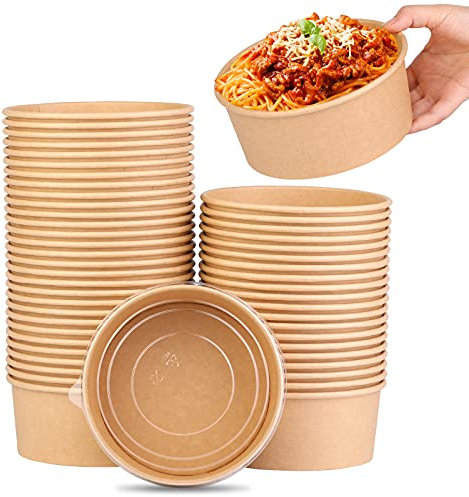 Wuadua 37 oz(1100ml) 50 Pack Paper Round Bowl, Disposable Kraft Paper Salad Bowl with Lids, Round Shape Paper Bowls Kraft Paper Salad Bowl for Soup Stews Salad Frozen Dessert Yogurt Ice Cream