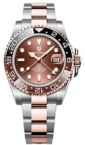 Pagani Design GMT Herren 40 mm Automatikuhr Saphirglas Edelstahl 100 Wasserbeständigkeit Analoguhr Mechanische Herrenuhren Geschenkuhr für Herren (Goldfarben)