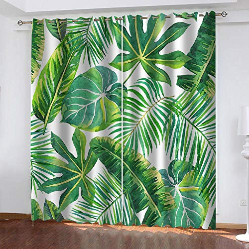 LRRSHOP Verdunkelungsvorhang Tropischer Grüner Blattdruck 215(H) x 220(B) cm 3D Vorhänge mit Muster 100% Polyester Verdunkelung Geräuschreduzierung Ösen Vorhang für Wohnzimmer Schlafzimmer