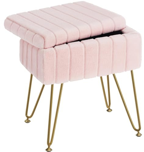 Greenstell Vanity Stool Chair Faux Fur with Storage, 15.7L x 11.8W x 19.4H Soft Ottoman 4 Metal Legs with Anti-Slip Feet, Furry Padded Seat, Modern Multifunctional Chairs for Makeup, Bedroom Pink