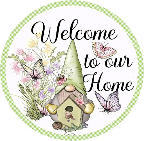 Gnome Welcome To Our Home - Cartello di benvenuto con scritta in inglese Welcome To Our Home, poster da parete in metallo, 20 x 30 cm