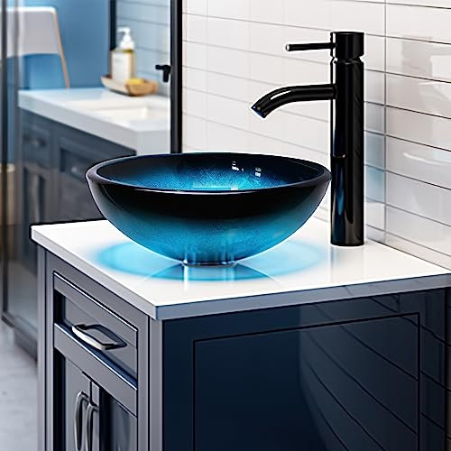 YIMAI Ingenuity YM20208M Évier de salle de bain en verre trempé Bleu Art Bassin rond avec robinet Combo, 30,5 cm