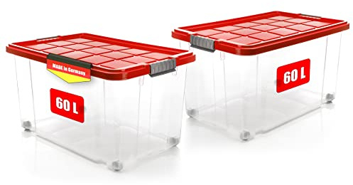 BigDean 2 Stück 60 L Aufbewahrungsbox mit Deckel groß rot stapelbar | stapelbare robuste Box - rollbare Stapelbox mit festen Klickverschlüssen - Made in Germany