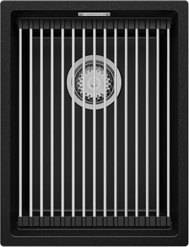 PRIMAGRAN Fregadero bajo Encimera Negro 36x47cm, Cocina 1 Seno + Sifón + Enrollable Escurridor, Granito al mueble 40cm - Prague S096