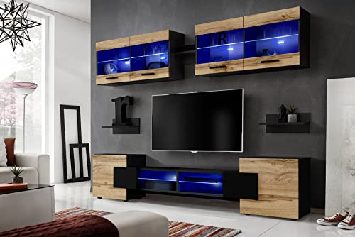 Komodee, Wohnwand Wohnzimmerset RTV Foggia, Front in Wotan Matt/Karkasse in Schwarz Matt, Breite 230cm x Höhe 195cm x Tiefe 35cm, LED Blau, für Wohnzimmer, Schlafzimmer