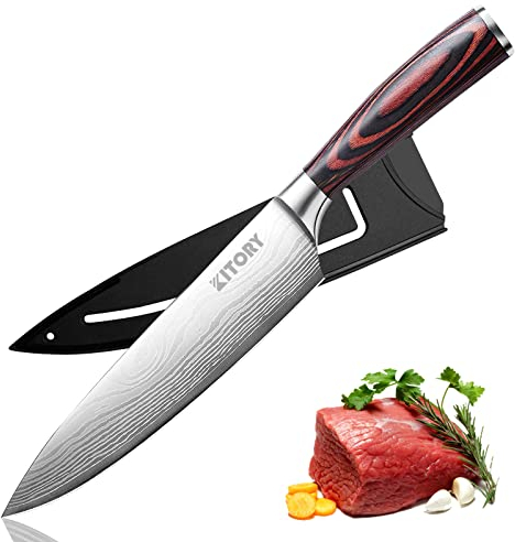 Kitory Kochmesser 20 cm Scharf Klinge, Profi Küchenmesser mit Schutzhülle Chefmesser Deutschem Hochwertigem Carbon Edelstahl, Ergonomischem Holzgriff mit Geschenkbox