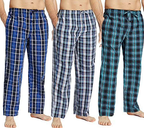 JupiterSecret Bas de Pyjama Homme en Coton, Pantalon-Pyjama avec Poches et Boutons, Pyjama pour Hommes, Paquet de 3