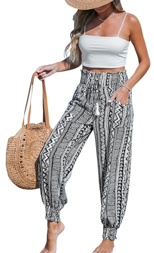 CUPSHE Damen Hosen Boho Weites Bein Leicht Lounge Hohe Taille Tapered Sommerhose mit Quasten Elegant Lose Freizeithose Schwarz L