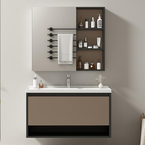 YESGIGA Badezimmer Badmöbel Set :Waschbeckenunterschrank hängend 90cm breit,mit Keramikwaschbecken, Schubladen, Spiegelschrank, hellgrau