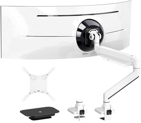 PUTORSEN Monitor Tischhalterung für 17-57 Flach & Curved Bildschirm, für Fernseher & Monitor bis 27 kg, Premium Aluminium Monitorhalterung mit Gasfeder, Verstärkungsplatte, VESA Max bis 200x200