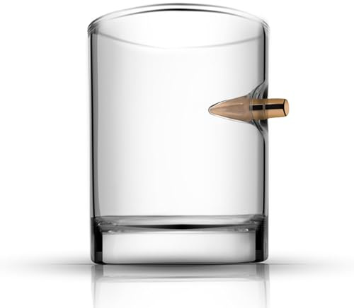 Whiskey Glass for .308 Bullet Insert Hand Blown Whiskey Glass，9.5 Ounces Rocks Glass for Military Enthusiasts or Men's Birthday Gifts