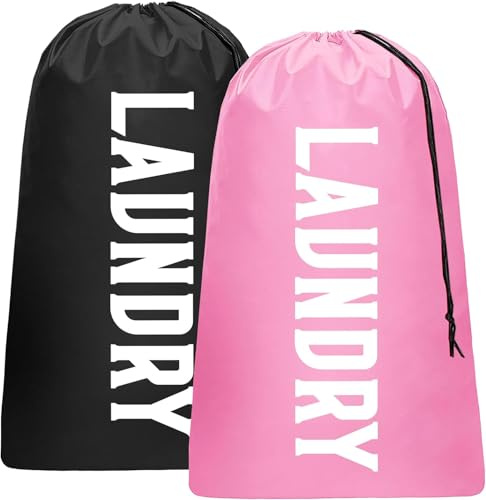 Cenvialuxy 2 Stück Wäschesack Reise, Faltbarer Wäschebeutel Reise, Laundry Bag Travel mit Kordelzug, Schmutzwäsche Wäschesäcke Groß für Reisen, Camping, Zuhause, Badezimmer, 61x92cm (Schwarz+Rosa)