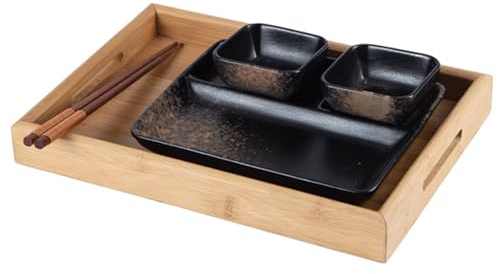 Japanese Style Tableware Sets 2X Mini Dish Bowls for Sauces, Divided Plate with Bamboo Serving Trays, Durable and Stylish Dining Set