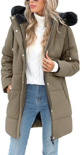RITOSTA Women's Long Winter Coats Ladies Quilted Jacket Zip up Fleece Lined Coat Thicken Padded Puffer Parka Longline Hoodies Padded Coats with Faux Fur Removable Hood for Outdoor Sport (Khaki,L)
