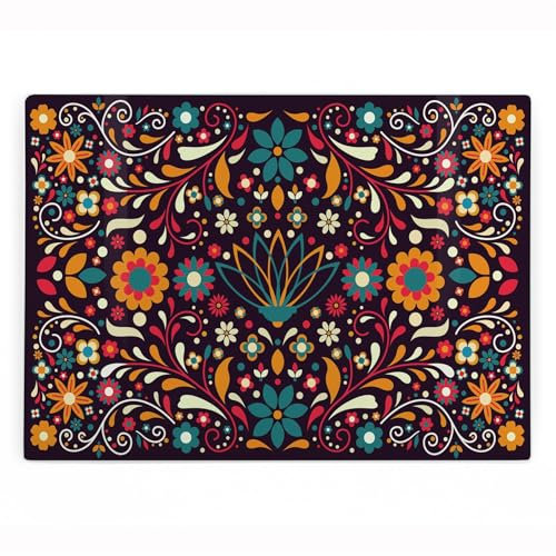 Mexican Floral Large Rectangular Glass Worktop Protector - Multicoloured Floral Homewares Gifts - Smooth Kitchen Chopping/Cutting Board Worktop Saver with Non-Slip Feet 39cm x 28.5cm (15 x 11)