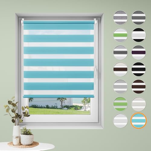 Sanfree Doppelrollo klemmfix ohne Bohren Duo Rollos für Fenster ohne Bohren Türkis B80 x H140cm-Stoffbreite 76cm Fensterrollo Klemmrollos für Fenster und Tür Sonnenschutz & Sichtschutz