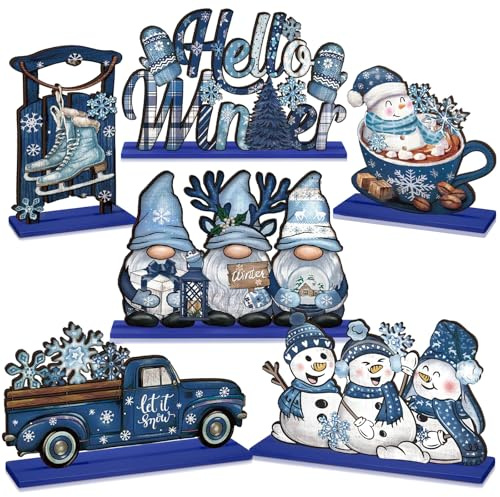 Realspring 6 Pcs Winter Wooden Table Decor Blue Winter Wood Snowman Decorative Gnome Truck Centerpieces Tiered Tray Decor for Kitchen Office Home