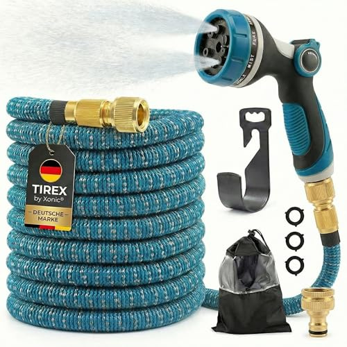 TIREX by xonic® Flexibler Gartenschlauch mit 10 verschiedenen Strahlarten – leichter Wasserschlauch flexibel mit 3-fach Latexkern – dehnbarer Flexschlauch/Gartenschlauch flexibel (Blau, 45m)