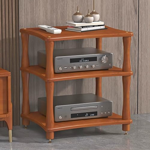 JIAOCKJIAO Audio Rack Hi Fi Regal, Record Player Stand aus Massivholz, Hi Fi Racks mit Stoßdämpfenden Fußnägeln aus Kupfer, Plattenspieler Regal, für Zuhause, Büro(Brown,3 Tier 60x48x64CM)