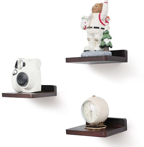 NIUBEST Estante flotante pequeño, repisas de exhibición de 5 x 6 pulgadas para pared, mini estantes, estante de madera rústica para dormitorio, sala de estar, baño, cocina (3, nogal oscuro)