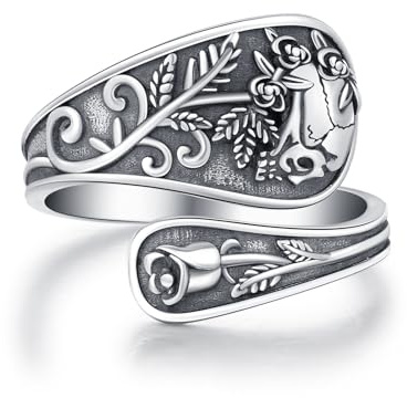 CRWENG Sunflower Turquoise Open Ring for Women Sterling Silver Turquoise Spoon Ring Vintage Adjustable Spoon Rings Sunflower Jewelry Gifts for Women (Skull)
