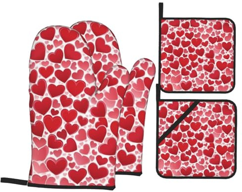 Ofenhandschuhe und Topflappen, rote Herz-Ofenhandschuhe mit Topflappen, rutschfeste Handschuhe, hohe Hitzebeständigkeit, 500 Grad, für Grill, Backen, Kochen, Ofen, Mikrowelle, 4 Stück
