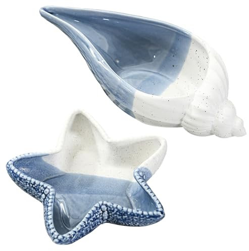 Sertay 2 Pièces Mer Bijoux Plateau Céramique, Plateaux Bijoux Étoile Mer, Bol Bijoux Céramique Déco, Coquille Déco Plateau, Adapté pour Ranger Bagues, Boucles D'Oreilles, Pendentifs, Colliers